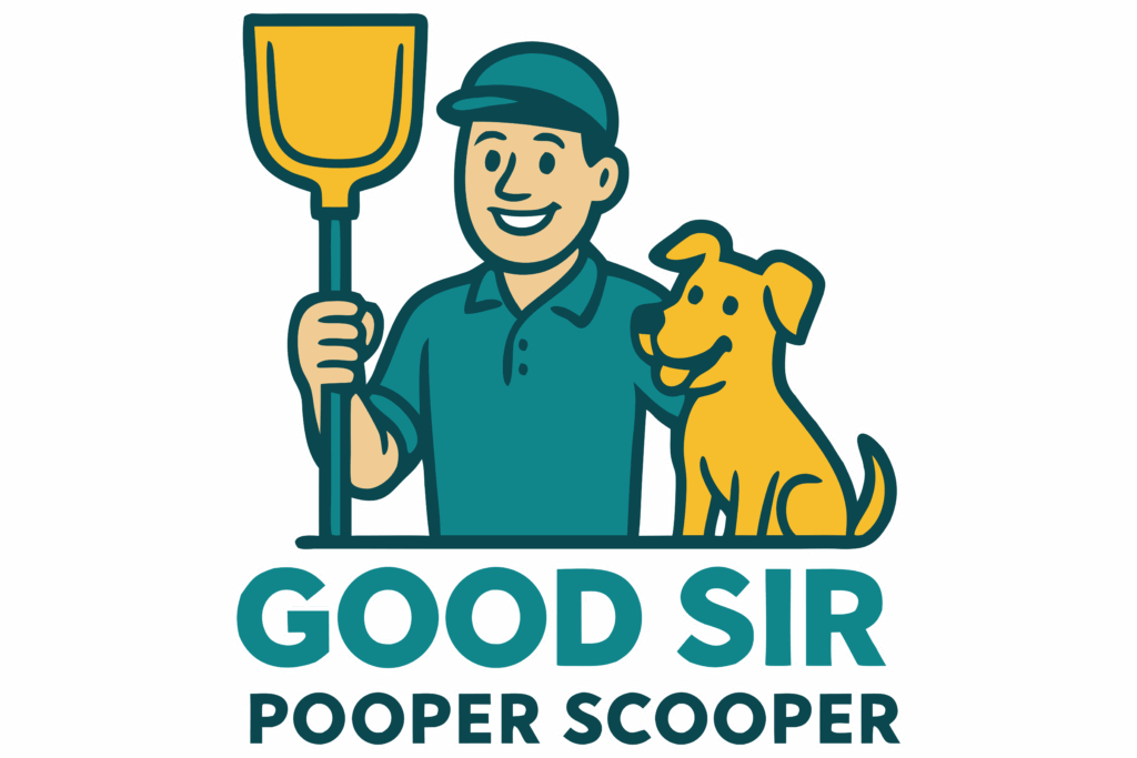 Good Sir Pooper Scooper logo featuring a friendly uniformed technician holding a scooper beside a happy yellow dog — trusted pet waste removal and dog poop cleanup service in Harrisburg, PA.